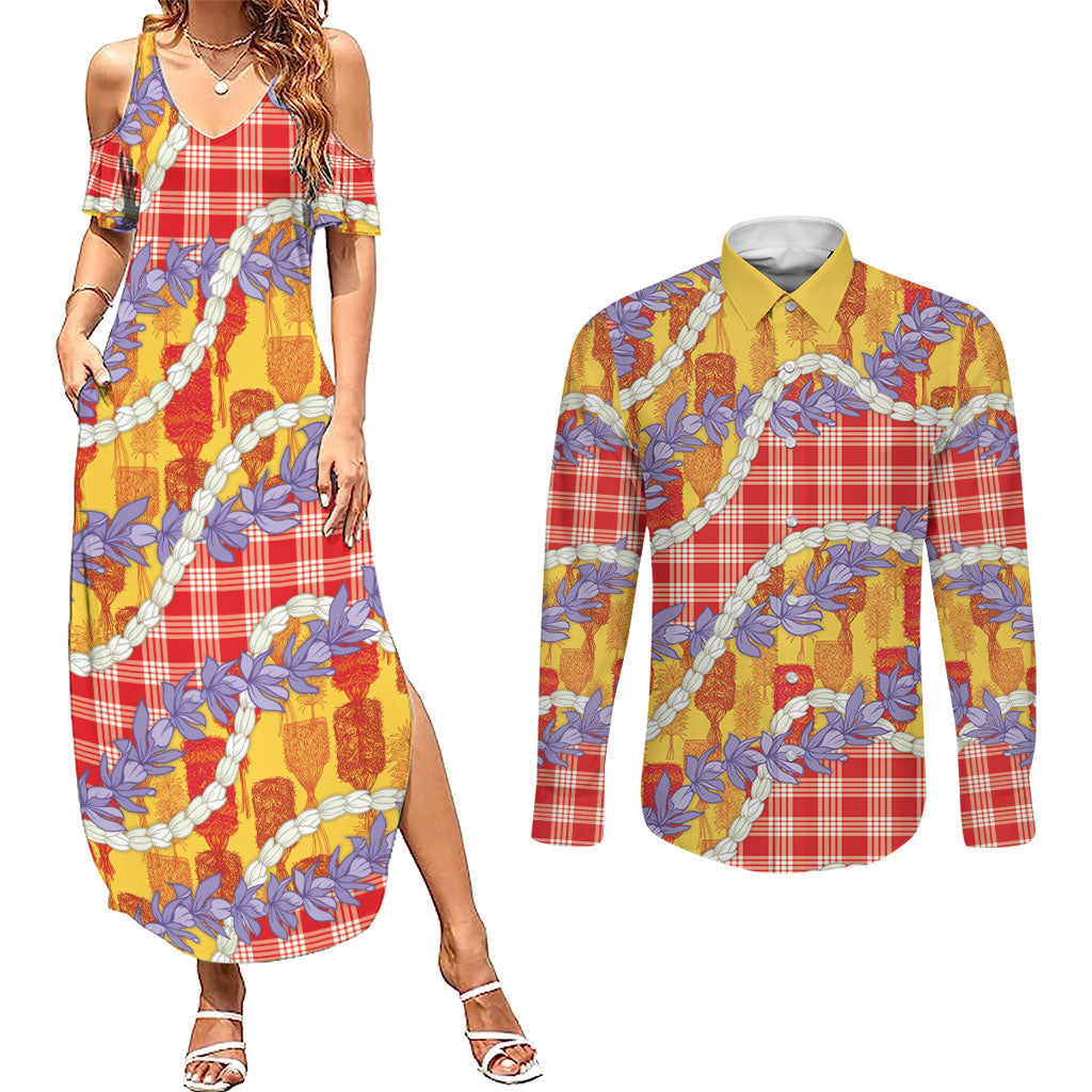Hawaii Kahili Palaka Motifs Couples Matching Summer Maxi Dress and Long Sleeve Button Shirt Hawaiian Honohono Pikake Lei LT14 Red - Polynesian Pride