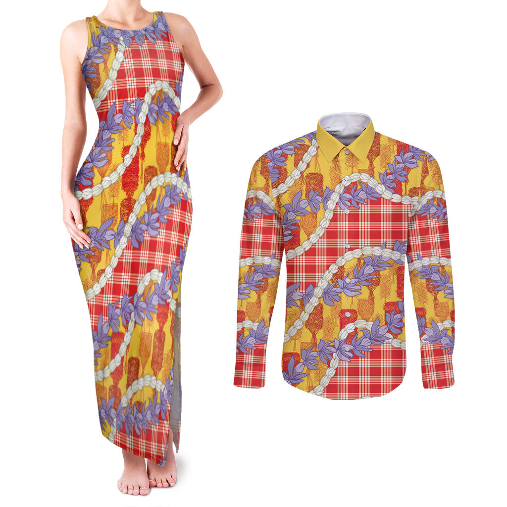 Hawaii Kahili Palaka Motifs Couples Matching Tank Maxi Dress and Long Sleeve Button Shirt Hawaiian Honohono Pikake Lei LT14 Red - Polynesian Pride