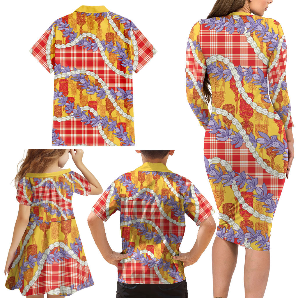 Hawaii Kahili Palaka Motifs Family Matching Long Sleeve Bodycon Dress and Hawaiian Shirt Hawaiian Honohono Pikake Lei