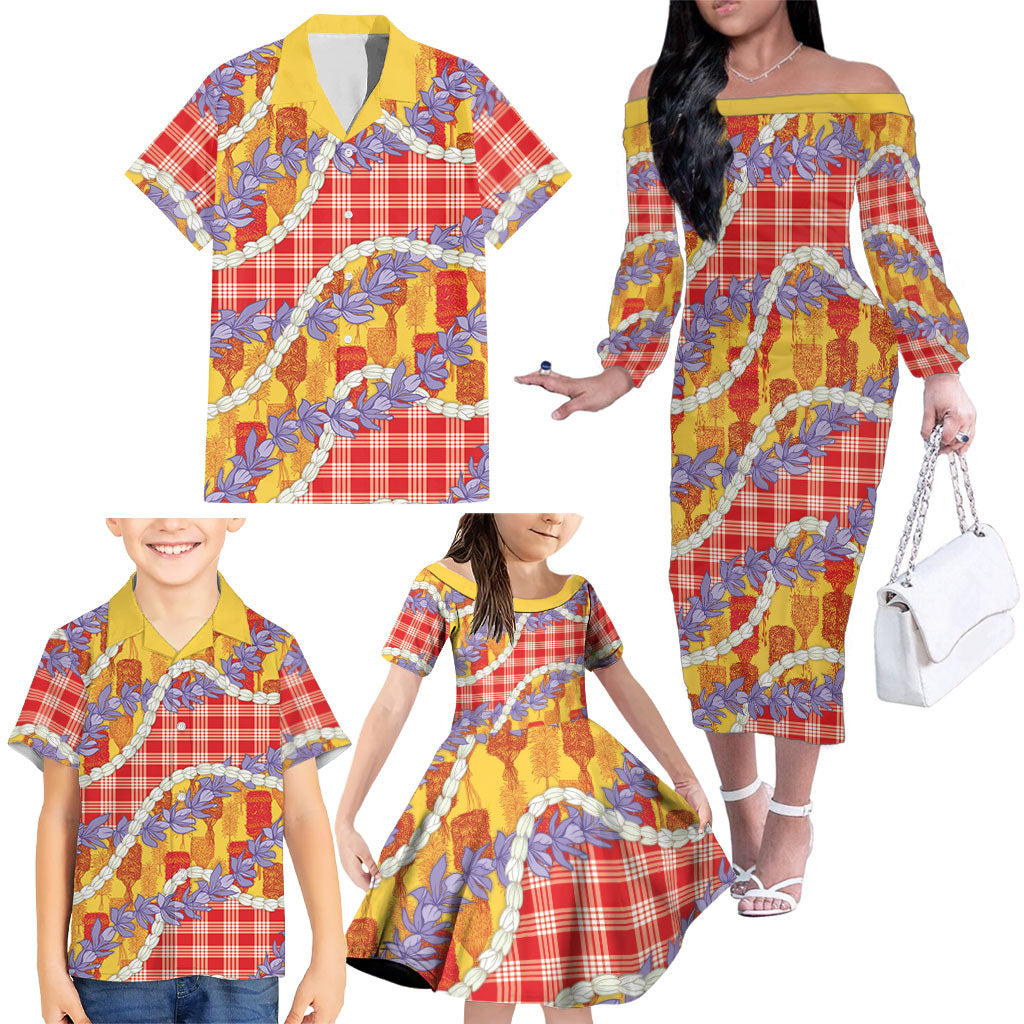 Hawaii Kahili Palaka Motifs Family Matching Off The Shoulder Long Sleeve Dress and Hawaiian Shirt Hawaiian Honohono Pikake Lei