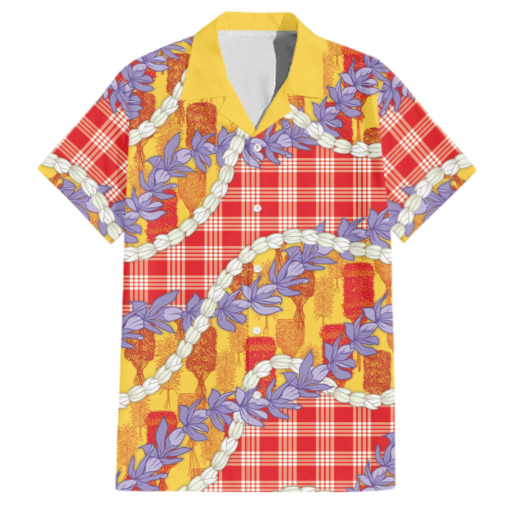 Hawaii Kahili Palaka Motifs Family Matching Off The Shoulder Long Sleeve Dress and Hawaiian Shirt Hawaiian Honohono Pikake Lei