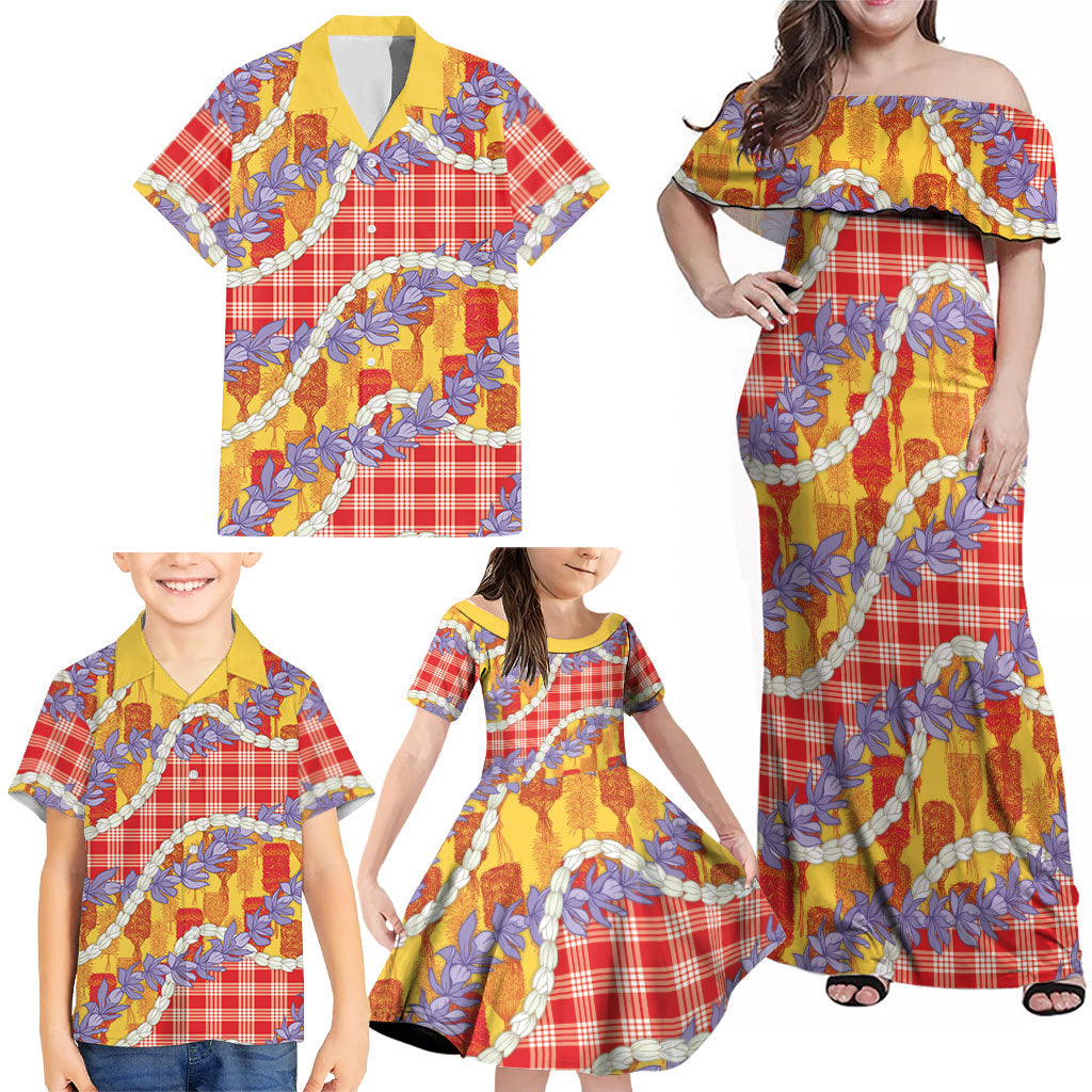 Hawaii Kahili Palaka Motifs Family Matching Off Shoulder Maxi Dress and Hawaiian Shirt Hawaiian Honohono Pikake Lei LT14 - Polynesian Pride