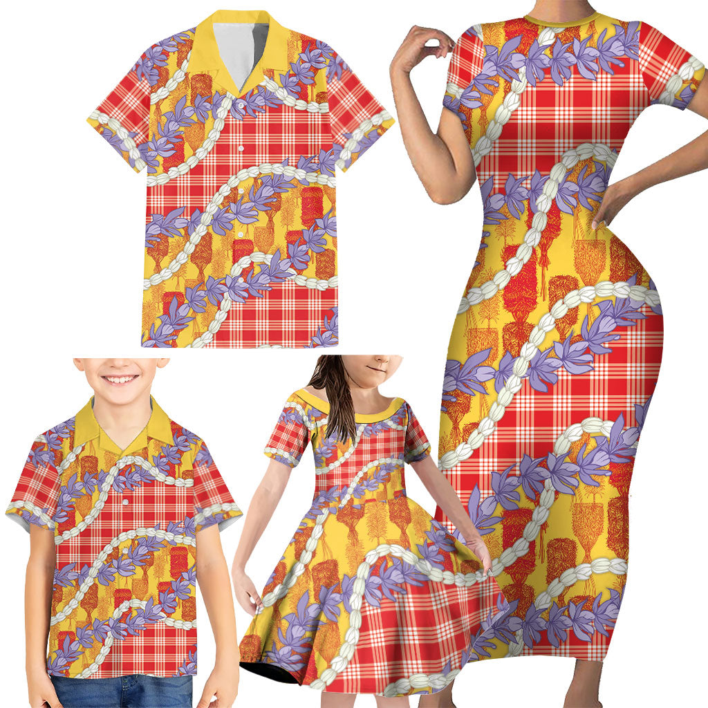 Hawaii Kahili Palaka Motifs Family Matching Short Sleeve Bodycon Dress and Hawaiian Shirt Hawaiian Honohono Pikake Lei