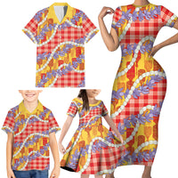 Hawaii Kahili Palaka Motifs Family Matching Short Sleeve Bodycon Dress and Hawaiian Shirt Hawaiian Honohono Pikake Lei
