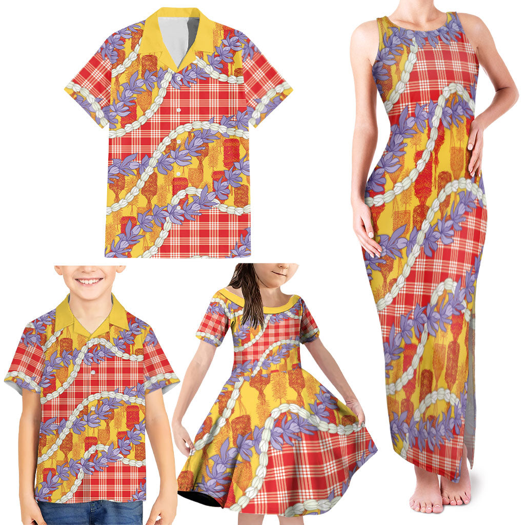 Hawaii Kahili Palaka Motifs Family Matching Tank Maxi Dress and Hawaiian Shirt Hawaiian Honohono Pikake Lei