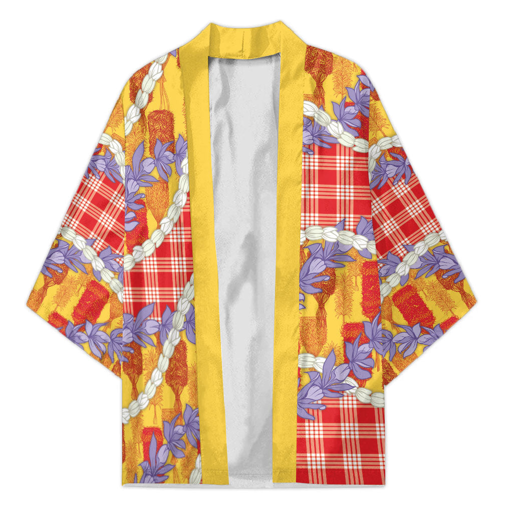 Hawaii Kahili Palaka Motifs Kimono Hawaiian Honohono Pikake Lei LT14 Unisex Red - Polynesian Pride