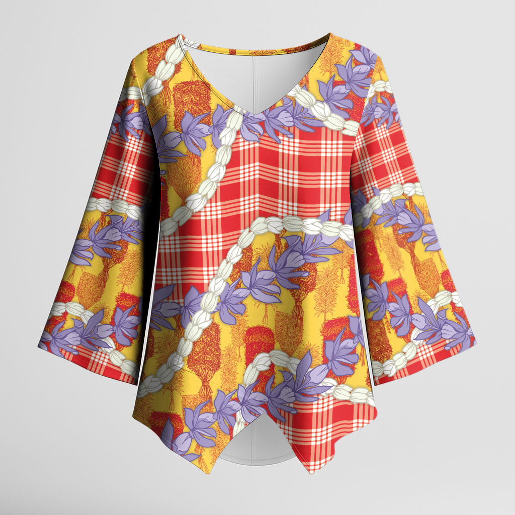 Hawaii Kahili Palaka Motifs Kimono Sleeve Blouse Hawaiian Honohono Pikake Lei LT14 Female Red - Polynesian Pride