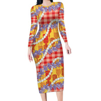 Hawaii Kahili Palaka Motifs Long Sleeve Bodycon Dress Hawaiian Honohono Pikake Lei