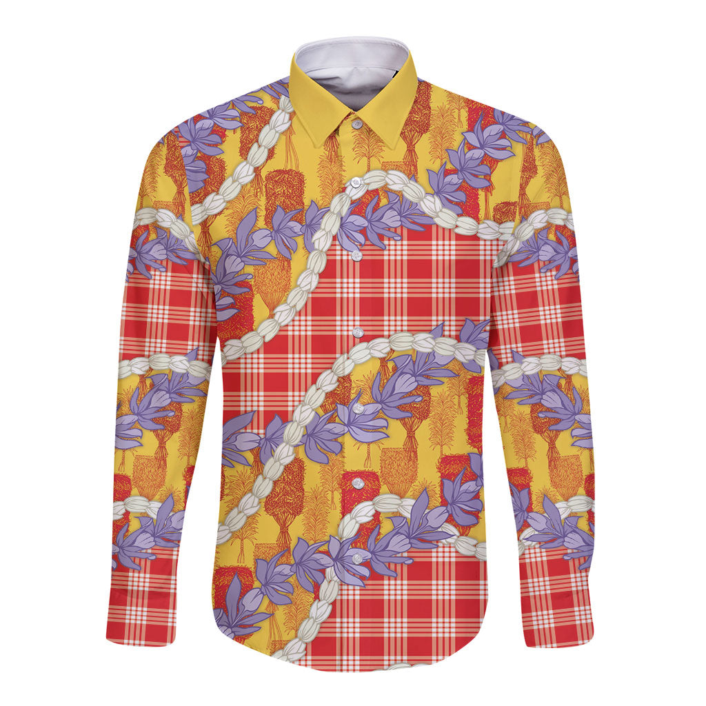 Hawaii Kahili Palaka Motifs Long Sleeve Button Shirt Hawaiian Honohono Pikake Lei LT14 Unisex Red - Polynesian Pride
