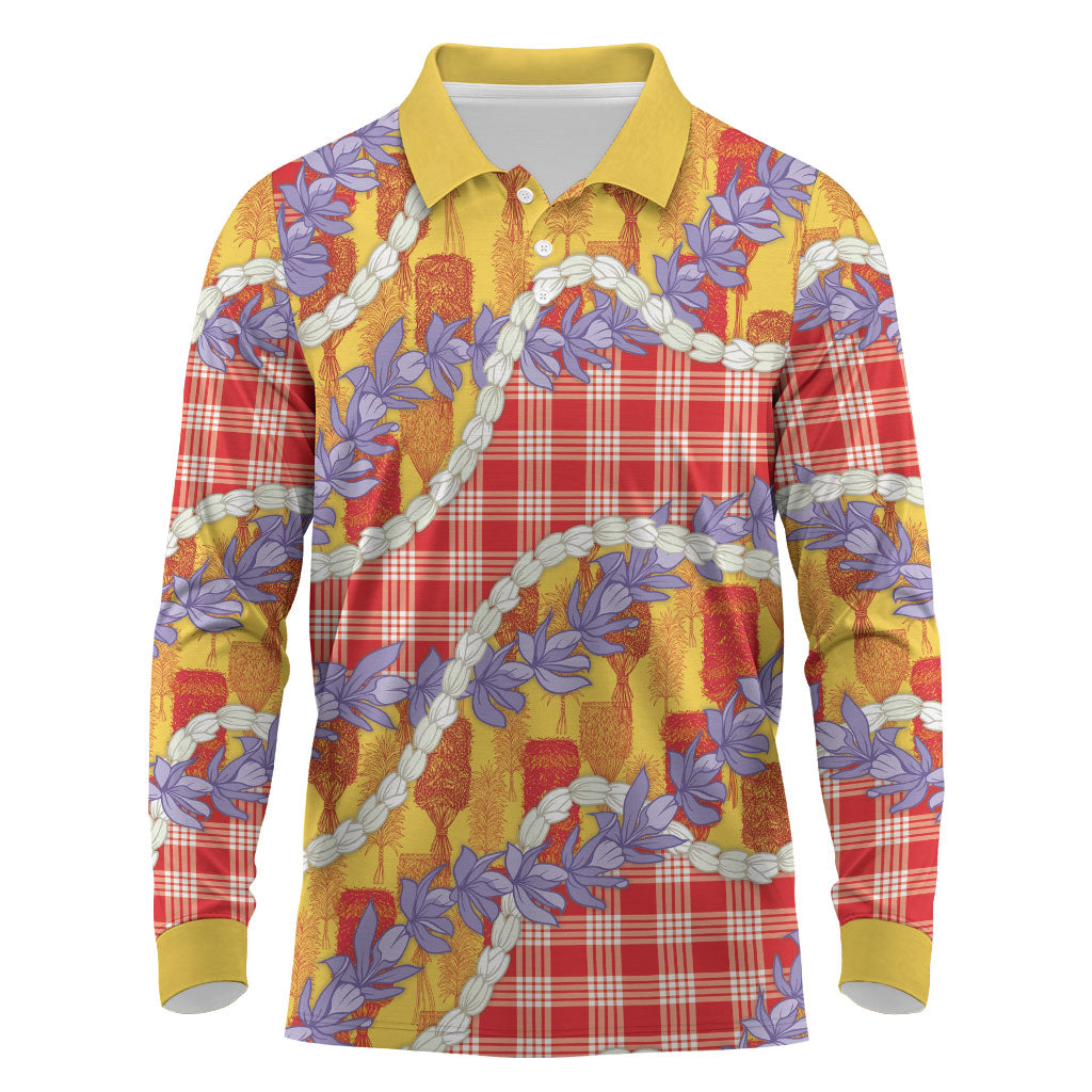 Hawaii Kahili Palaka Motifs Long Sleeve Polo Shirt Hawaiian Honohono Pikake Lei LT14 Red - Polynesian Pride