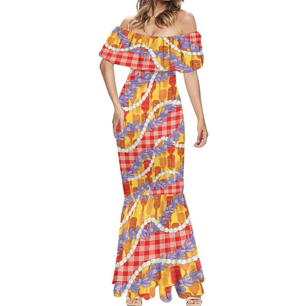 Hawaii Kahili Palaka Motifs Mermaid Dress Hawaiian Honohono Pikake Lei