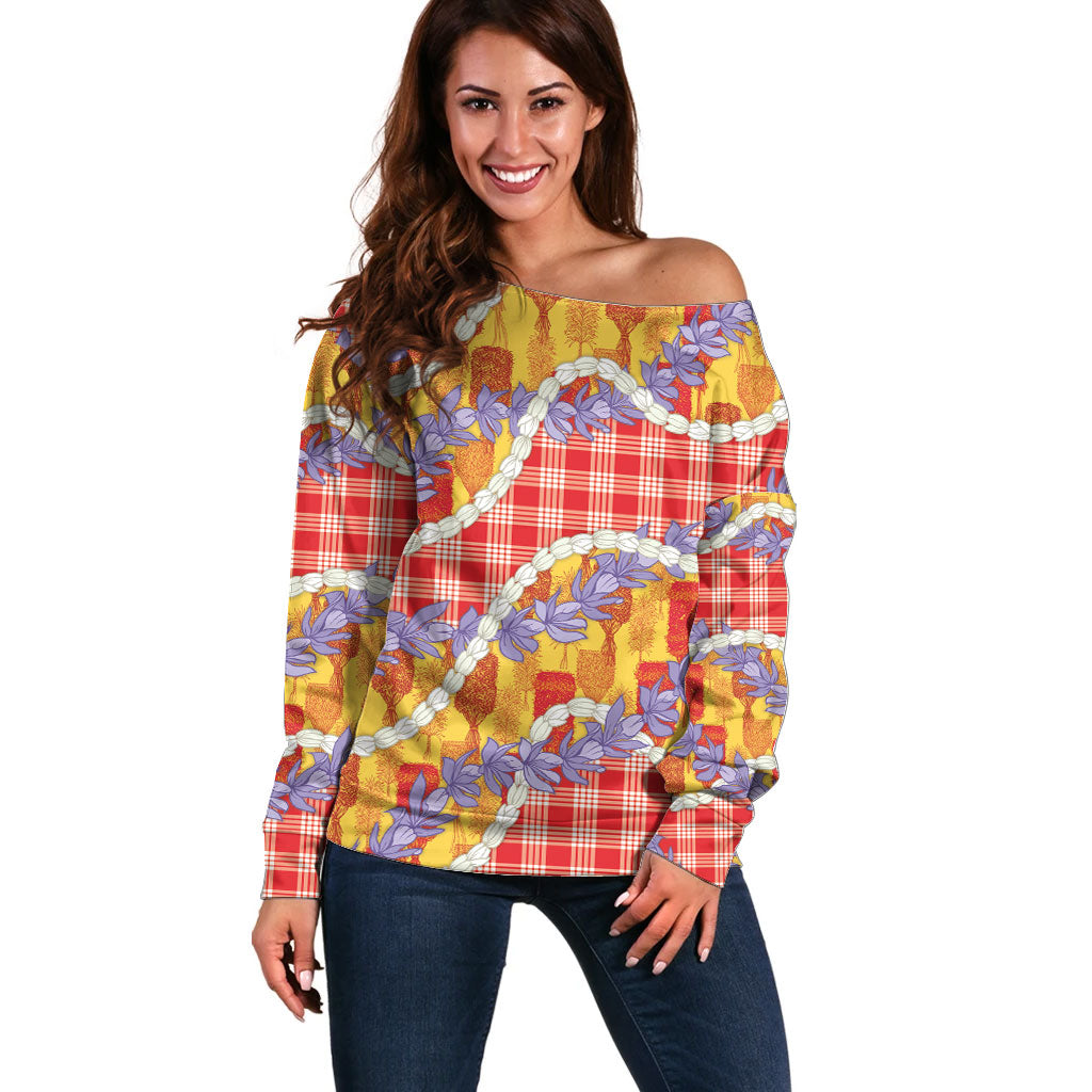 Hawaii Kahili Palaka Motifs Off Shoulder Sweater Hawaiian Honohono Pikake Lei LT14 Women Red - Polynesian Pride