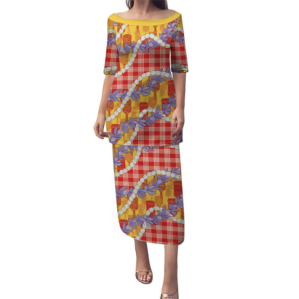 Hawaii Kahili Palaka Motifs Puletasi Hawaiian Honohono Pikake Lei LT14 Long Dress Red - Polynesian Pride