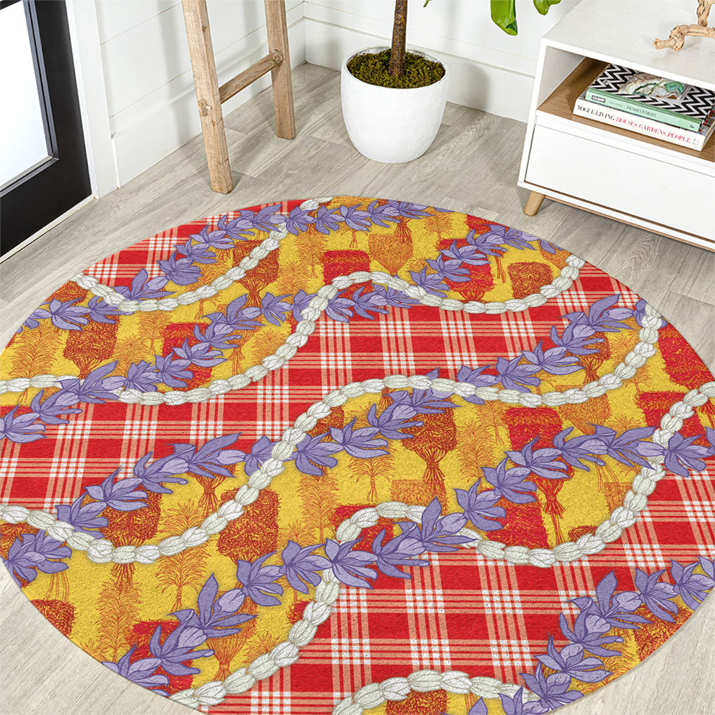 Hawaii Kahili Palaka Motifs Round Carpet Hawaiian Honohono Pikake Lei LT14 Red - Polynesian Pride