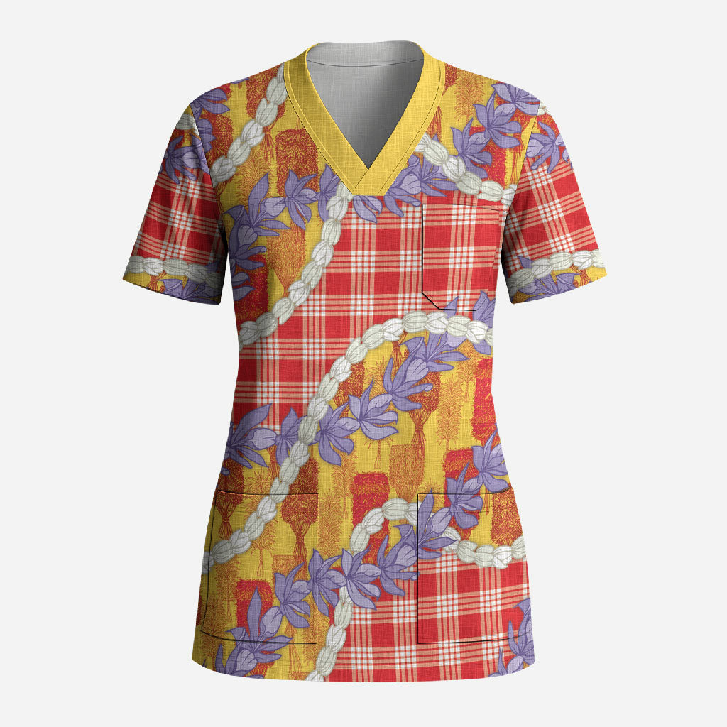 Hawaii Kahili Palaka Motifs Scrub Top Hawaiian Honohono Pikake Lei LT14 Adult Red - Polynesian Pride