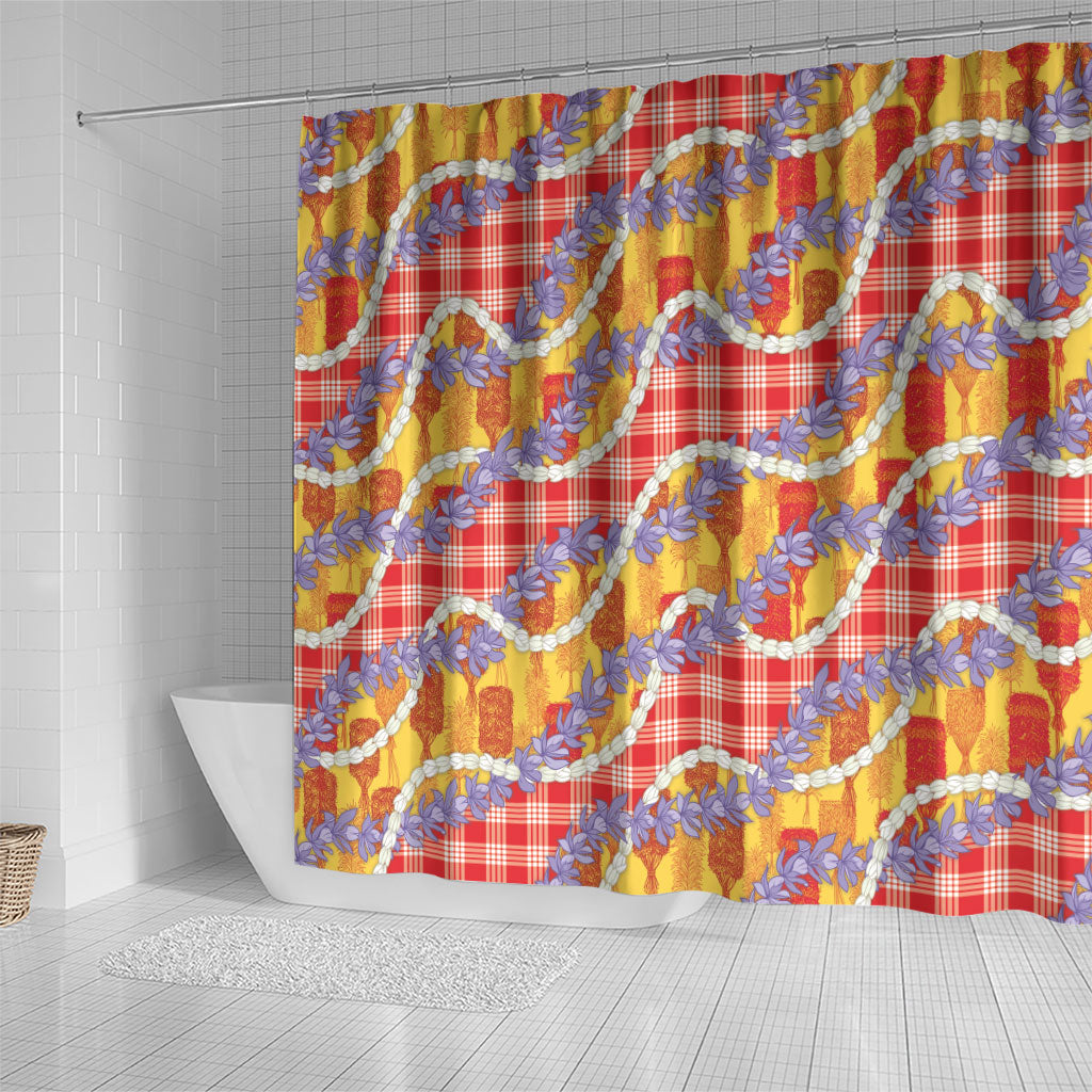 Hawaii Kahili Palaka Motifs Shower Curtain Hawaiian Honohono Pikake Lei
