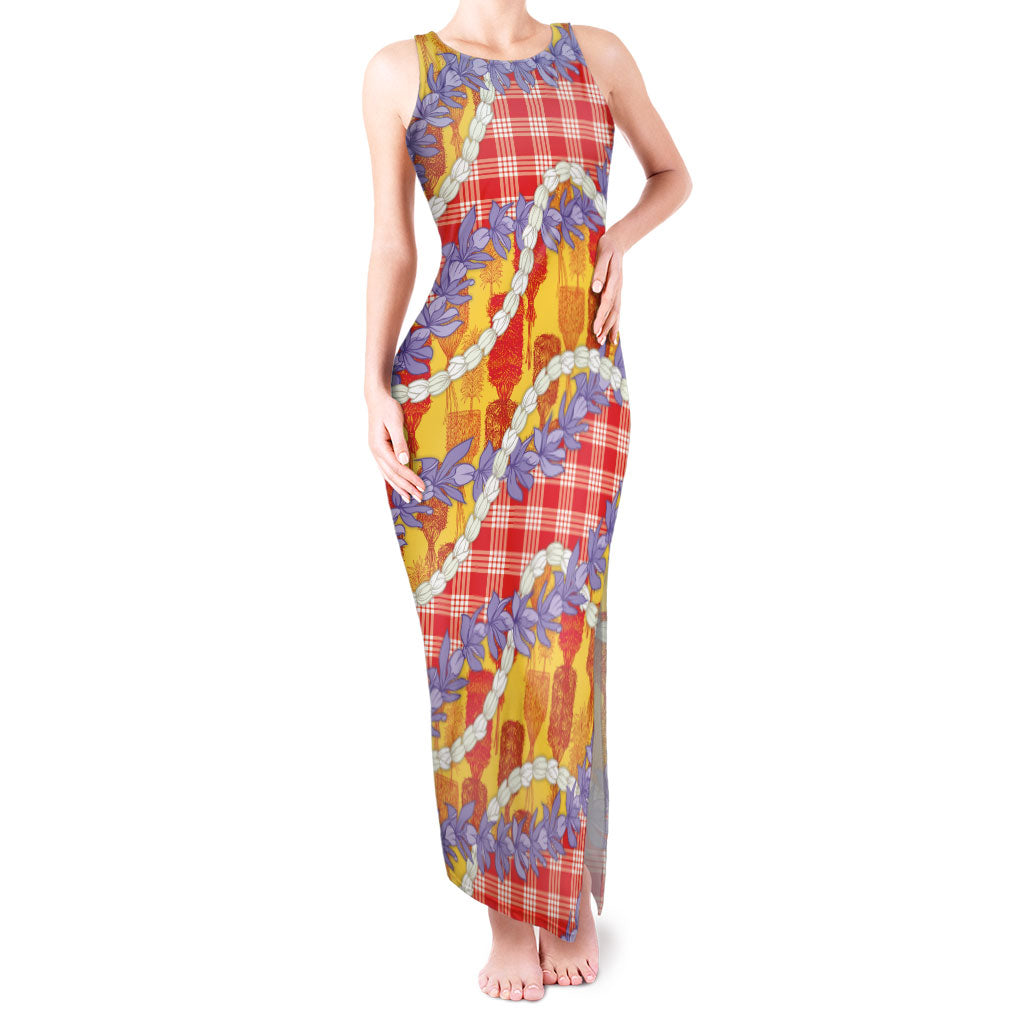 Hawaii Kahili Palaka Motifs Tank Maxi Dress Hawaiian Honohono Pikake Lei LT14 Women Red - Polynesian Pride