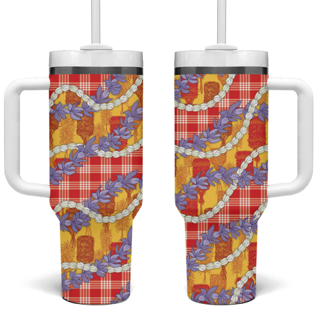 Hawaii Kahili Palaka Motifs Tumbler With Handle Hawaiian Honohono Pikake Lei LT14 One Size: 40 oz Red - Polynesian Pride