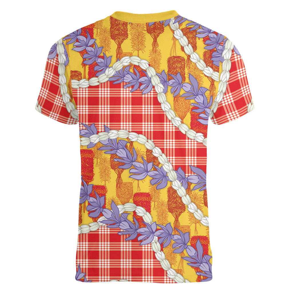 Hawaii Kahili Palaka Motifs Women V-Neck T-Shirt Hawaiian Honohono Pikake Lei