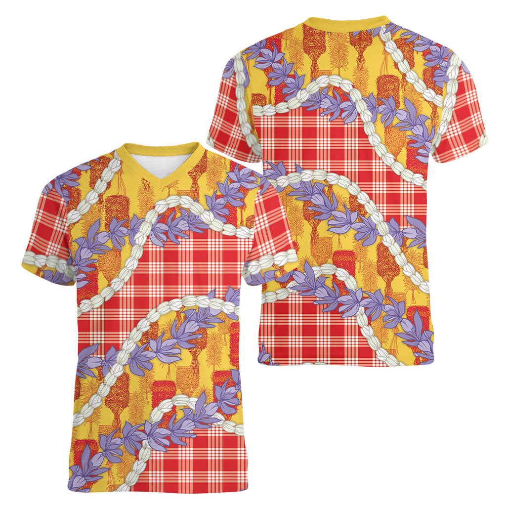 Hawaii Kahili Palaka Motifs Women V-Neck T-Shirt Hawaiian Honohono Pikake Lei
