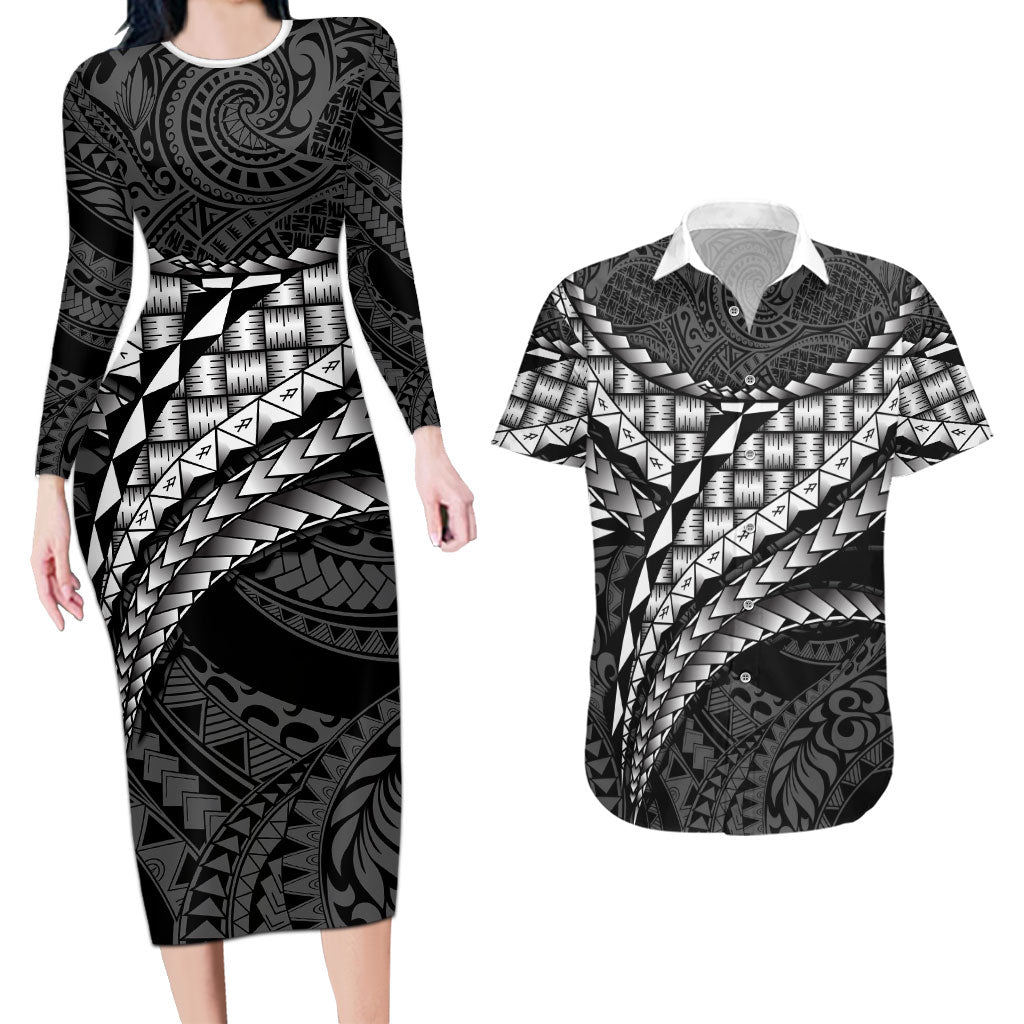 Hawaii Lauhala Tattoo Couples Matching Long Sleeve Bodycon Dress and Hawaiian Shirt Hawaiian Hala Leaf Weaving LT14 Black - Polynesian Pride