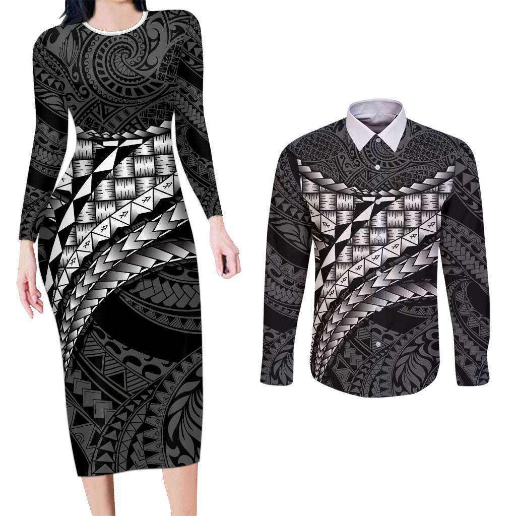 Hawaii Lauhala Tattoo Couples Matching Long Sleeve Bodycon Dress and Long Sleeve Button Shirt Hawaiian Hala Leaf Weaving LT14 Black - Polynesian Pride