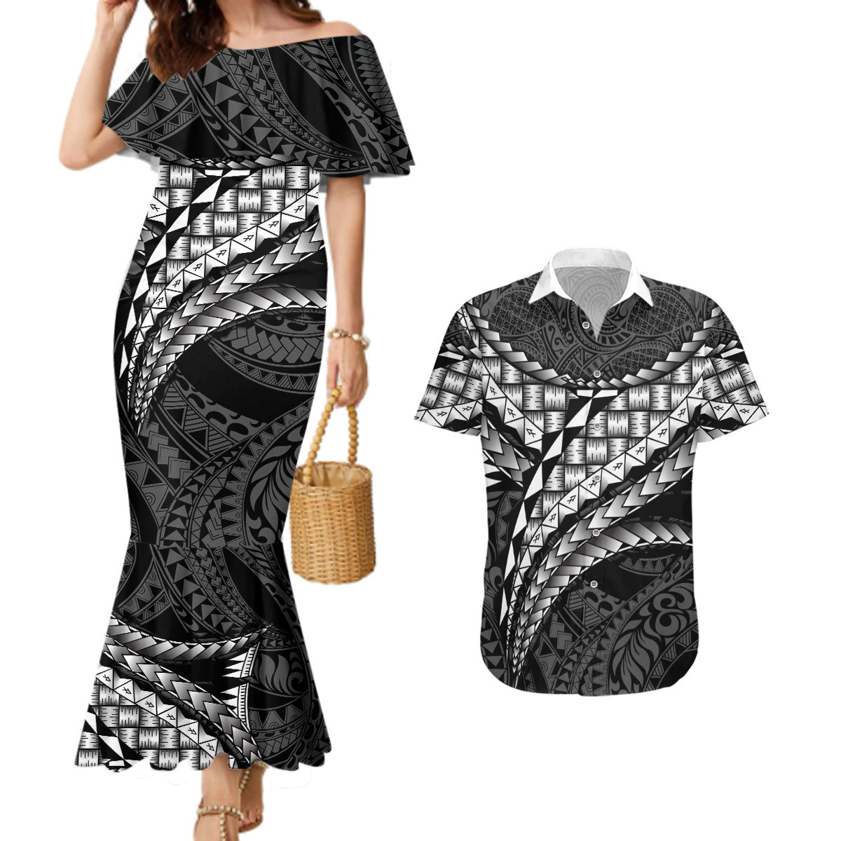 Hawaii Lauhala Tattoo Couples Matching Mermaid Dress and Hawaiian Shirt Hawaiian Hala Leaf Weaving LT14 Black - Polynesian Pride