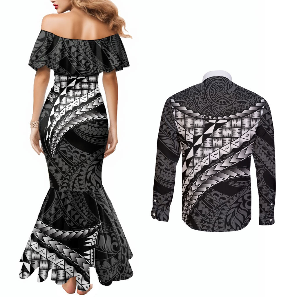 Hawaii Lauhala Tattoo Couples Matching Mermaid Dress and Long Sleeve Button Shirt Hawaiian Hala Leaf Weaving