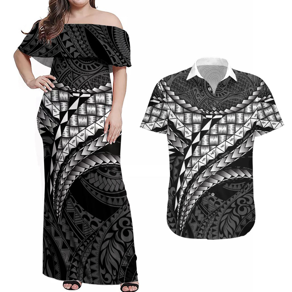Hawaii Lauhala Tattoo Couples Matching Off Shoulder Maxi Dress and Hawaiian Shirt Hawaiian Hala Leaf Weaving LT14 Black - Polynesian Pride