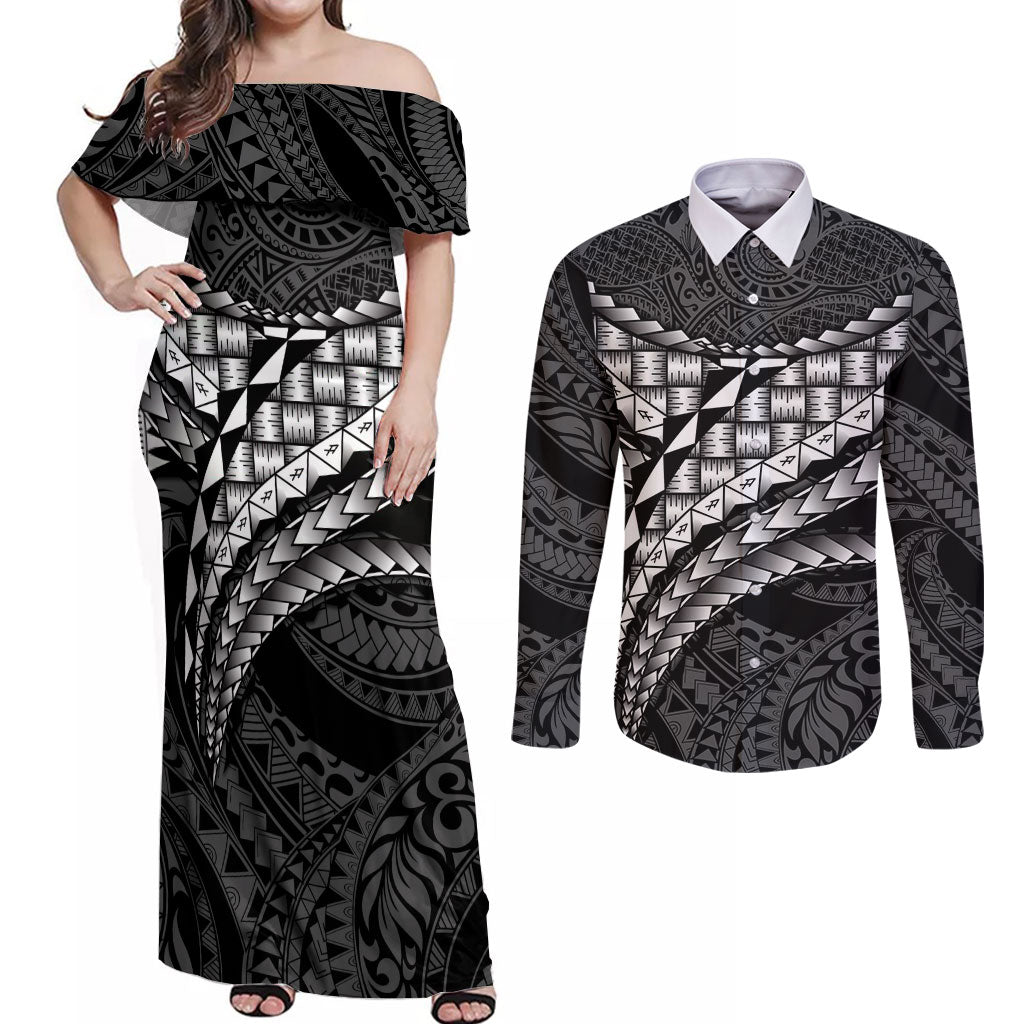 Hawaii Lauhala Tattoo Couples Matching Off Shoulder Maxi Dress and Long Sleeve Button Shirt Hawaiian Hala Leaf Weaving LT14 Black - Polynesian Pride