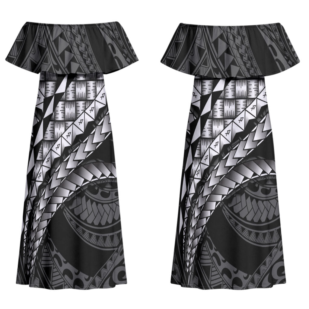 Hawaii Lauhala Tattoo Couples Matching Off Shoulder Maxi Dress and Long Sleeve Button Shirt Hawaiian Hala Leaf Weaving LT14 - Polynesian Pride