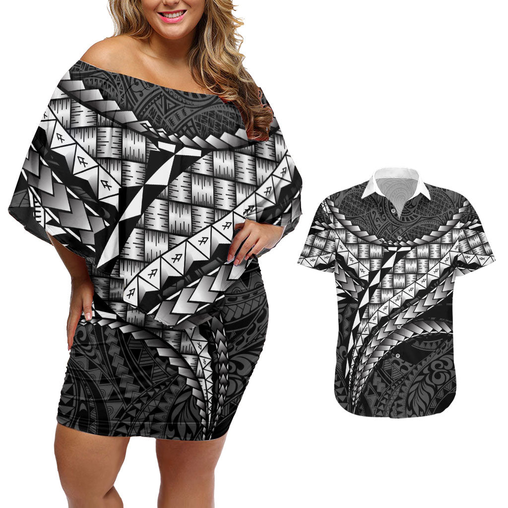 Hawaii Lauhala Tattoo Couples Matching Off Shoulder Short Dress and Hawaiian Shirt Hawaiian Hala Leaf Weaving LT14 Black - Polynesian Pride