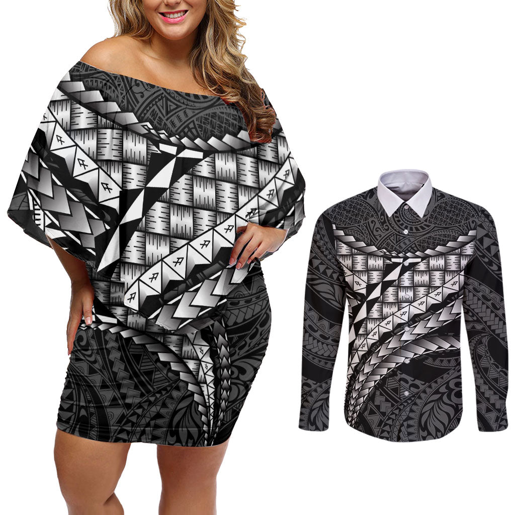 Hawaii Lauhala Tattoo Couples Matching Off Shoulder Short Dress and Long Sleeve Button Shirt Hawaiian Hala Leaf Weaving LT14 Black - Polynesian Pride