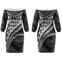 Hawaii Lauhala Tattoo Couples Matching Off The Shoulder Long Sleeve Dress and Hawaiian Shirt Hawaiian Hala Leaf Weaving LT14 - Polynesian Pride