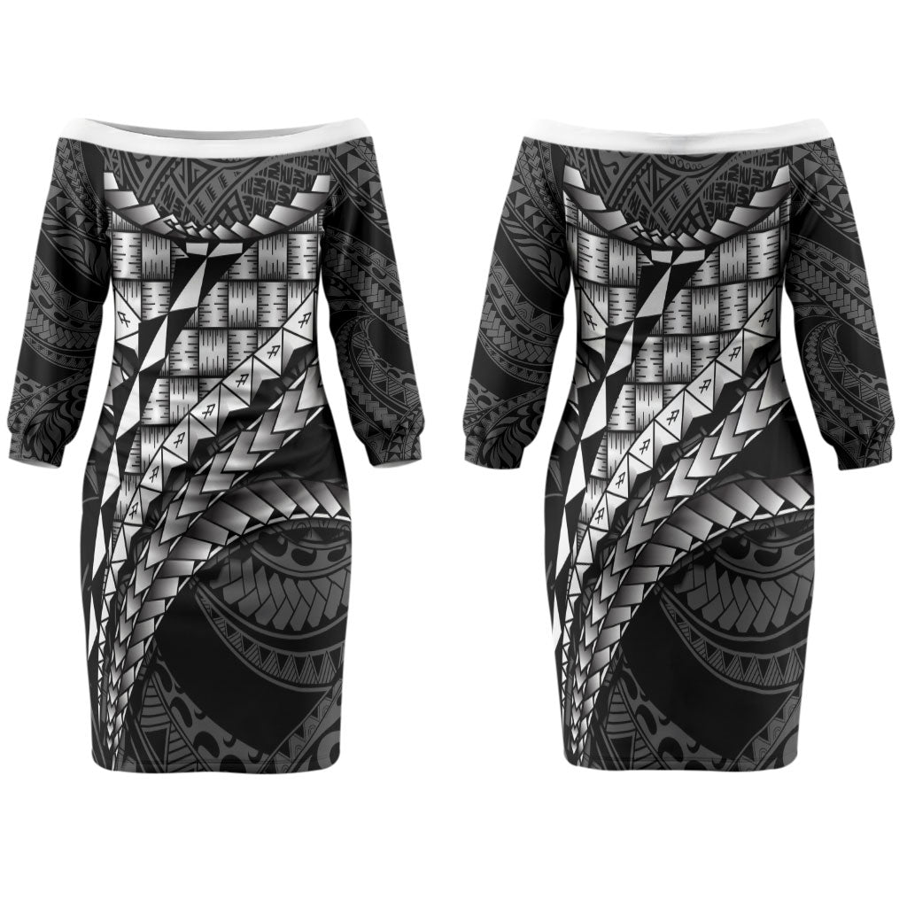 Hawaii Lauhala Tattoo Couples Matching Off The Shoulder Long Sleeve Dress and Long Sleeve Button Shirt Hawaiian Hala Leaf Weaving LT14 - Polynesian Pride