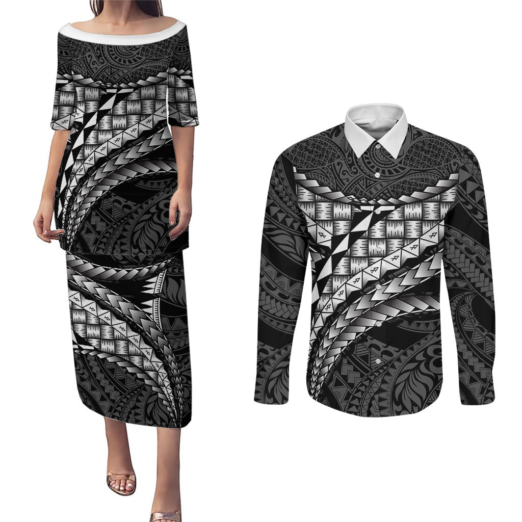 Hawaii Lauhala Tattoo Couples Matching Puletasi and Long Sleeve Button Shirt Hawaiian Hala Leaf Weaving LT14 Black - Polynesian Pride