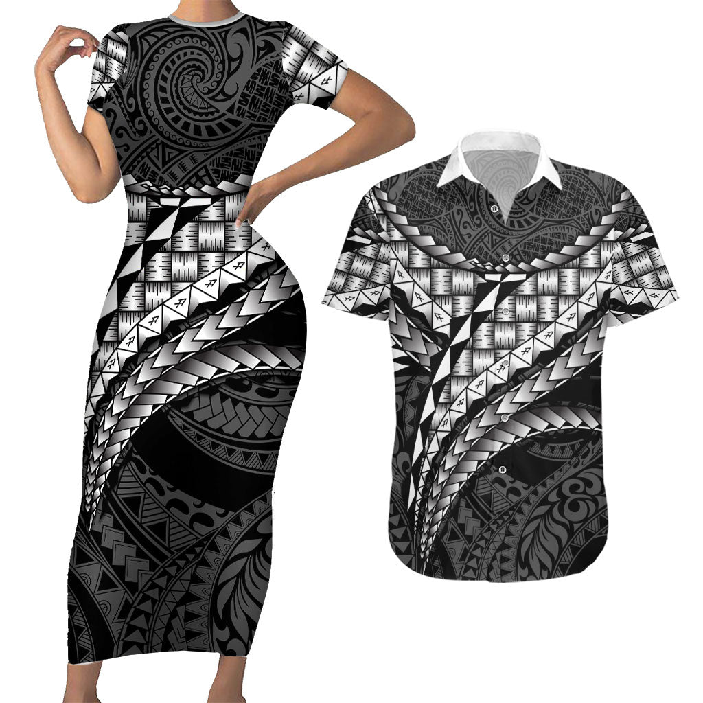 Hawaii Lauhala Tattoo Couples Matching Short Sleeve Bodycon Dress and Hawaiian Shirt Hawaiian Hala Leaf Weaving LT14 Black - Polynesian Pride