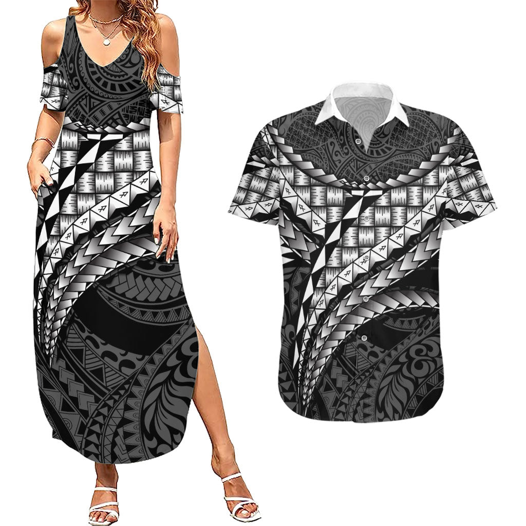 Hawaii Lauhala Tattoo Couples Matching Summer Maxi Dress and Hawaiian Shirt Hawaiian Hala Leaf Weaving LT14 Black - Polynesian Pride