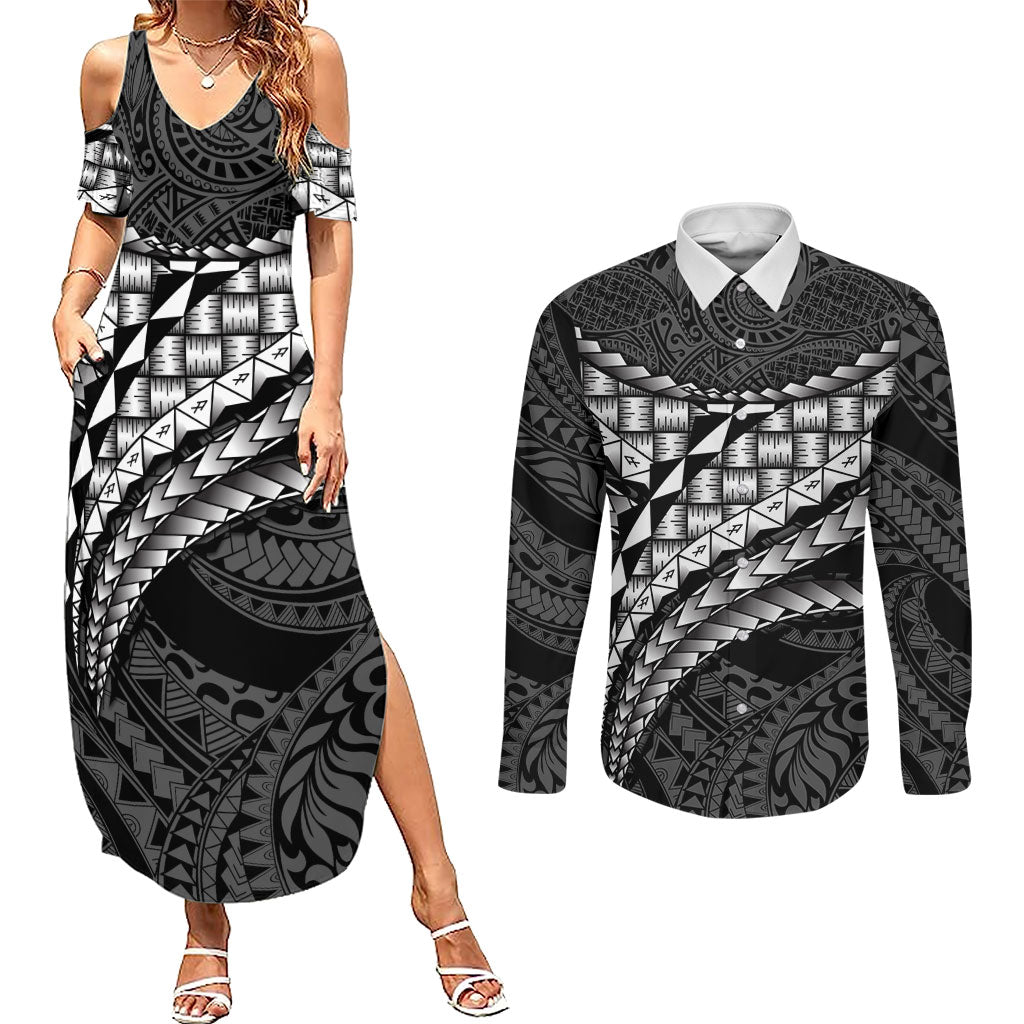 Hawaii Lauhala Tattoo Couples Matching Summer Maxi Dress and Long Sleeve Button Shirt Hawaiian Hala Leaf Weaving LT14 Black - Polynesian Pride