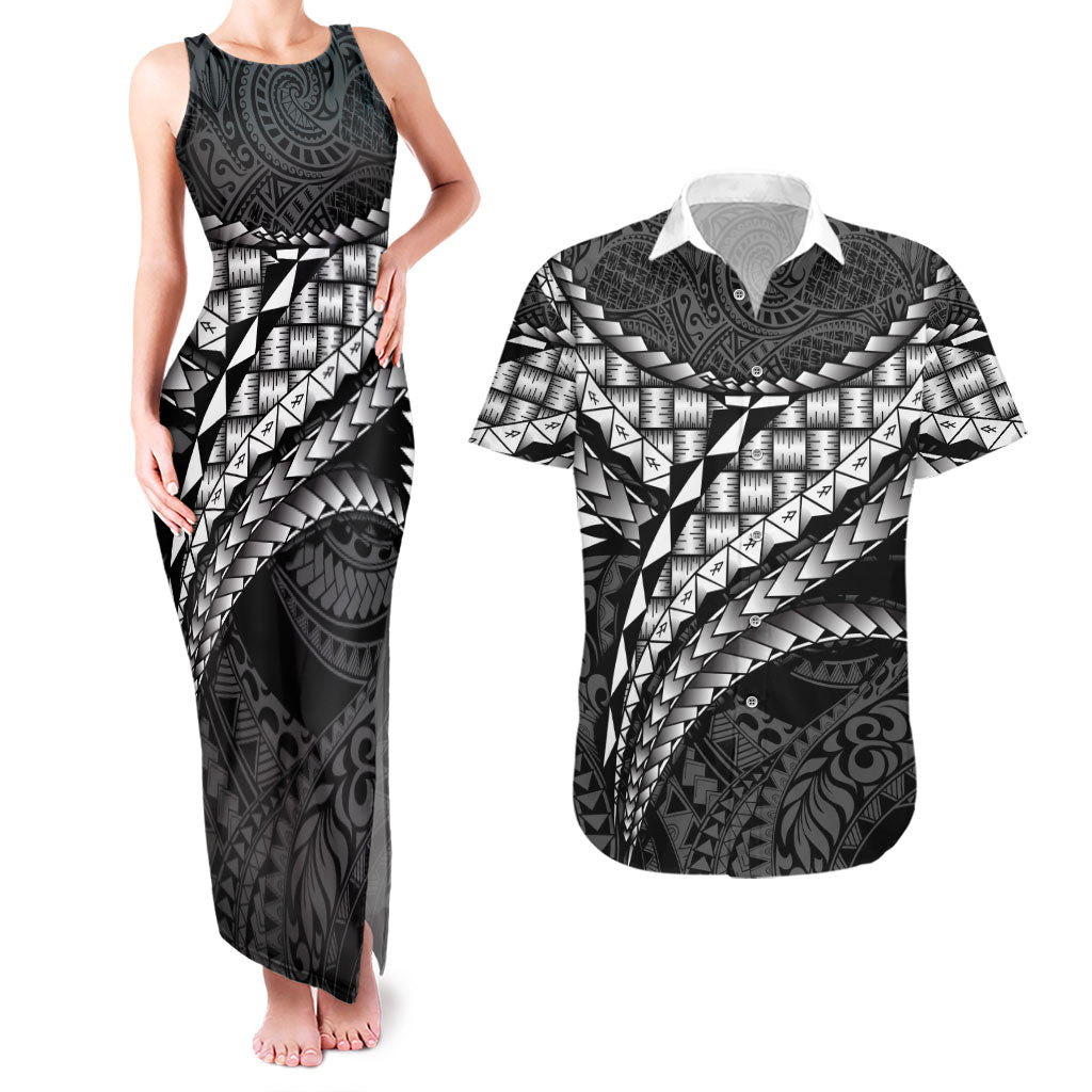 Hawaii Lauhala Tattoo Couples Matching Tank Maxi Dress and Hawaiian Shirt Hawaiian Hala Leaf Weaving LT14 Black - Polynesian Pride