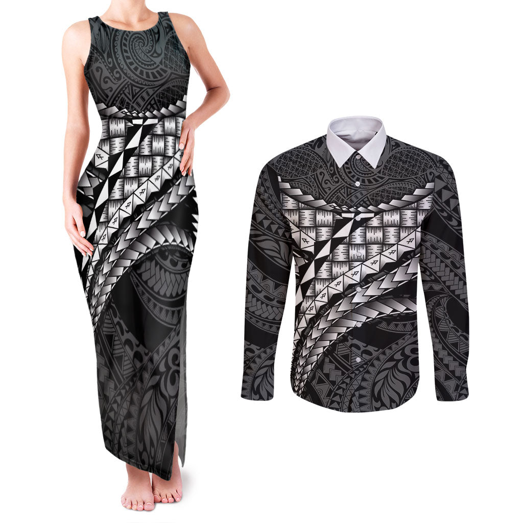 Hawaii Lauhala Tattoo Couples Matching Tank Maxi Dress and Long Sleeve Button Shirt Hawaiian Hala Leaf Weaving LT14 Black - Polynesian Pride