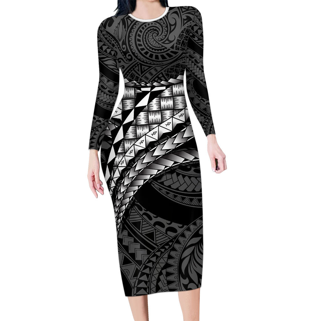 Hawaii Lauhala Tattoo Long Sleeve Bodycon Dress Hawaiian Hala Leaf Weaving LT14 Long Dress Black - Polynesian Pride
