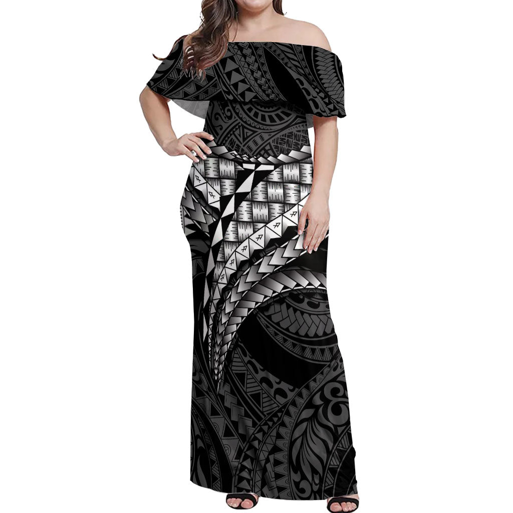 Hawaii Lauhala Tattoo Off Shoulder Maxi Dress Hawaiian Hala Leaf Weaving LT14 Women Black - Polynesian Pride