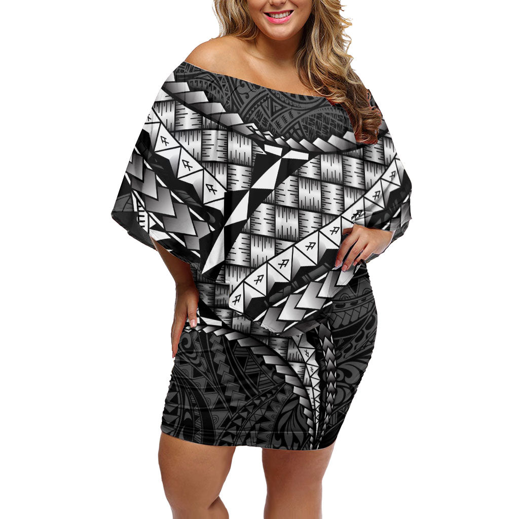 Hawaii Lauhala Tattoo Off Shoulder Short Dress Hawaiian Hala Leaf Weaving LT14 Women Black - Polynesian Pride
