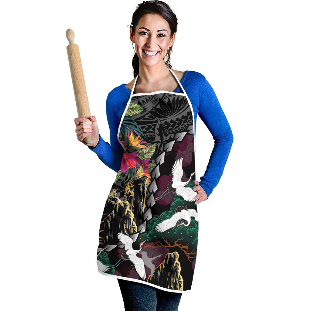 Hawaiian and Japanese Culture Apron Crane Sakura Hibiscus Tropical Vibes