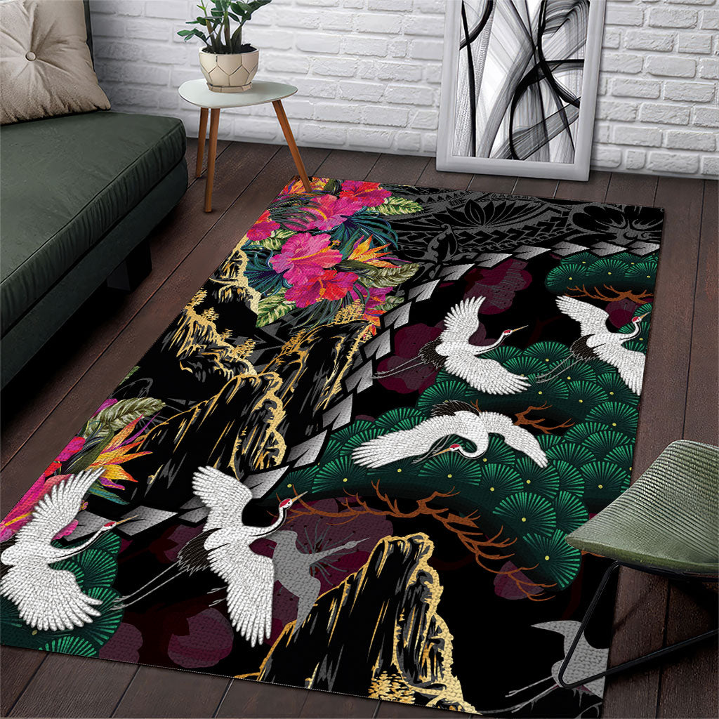 Hawaiian and Japanese Culture Area Rug Crane Sakura Hibiscus Tropical Vibes