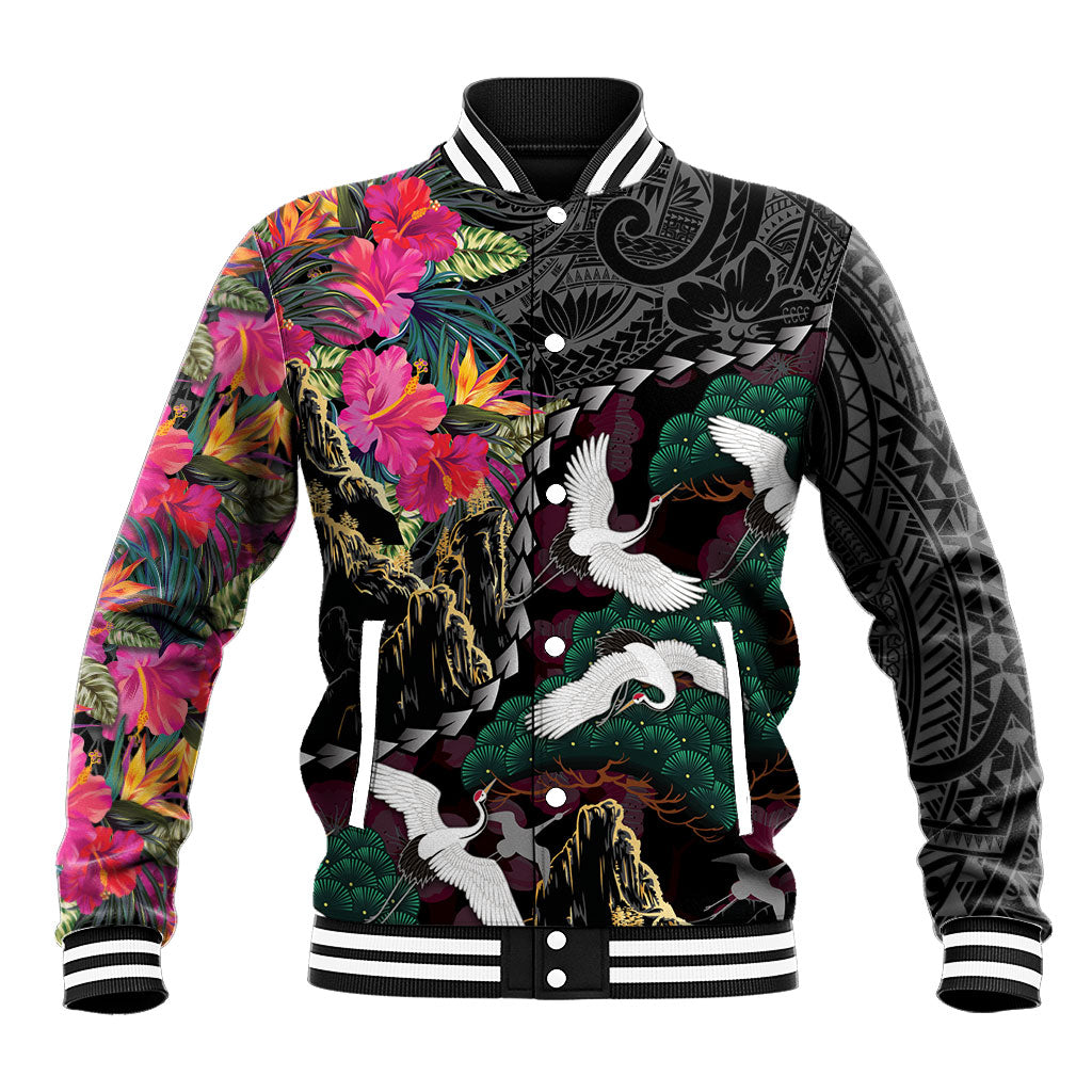 Hawaiian and Japanese Culture Baseball Jacket Crane Sakura Hibiscus Tropical Vibes LT14 Unisex Black - Polynesian Pride