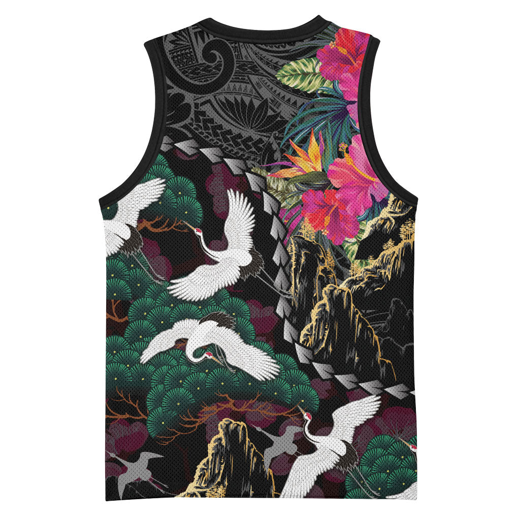Hawaiian and Japanese Culture Basketball Jersey Crane Sakura Hibiscus Tropical Vibes