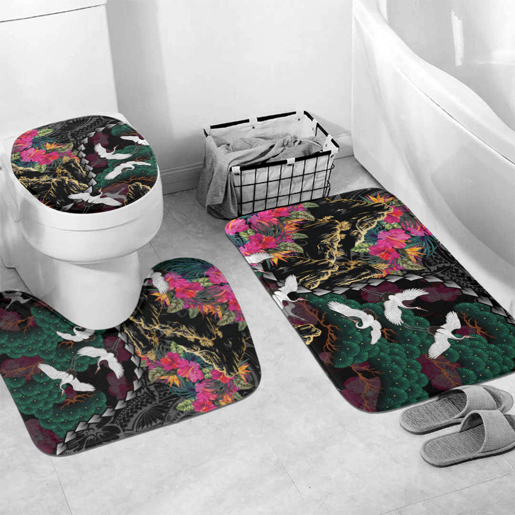 Hawaiian and Japanese Culture Bathroom Set Crane Sakura Hibiscus Tropical Vibes