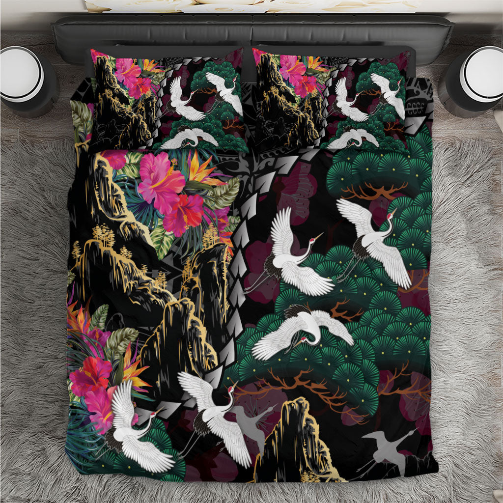 Hawaiian and Japanese Culture Bedding Set Crane Sakura Hibiscus Tropical Vibes LT14 Black - Polynesian Pride